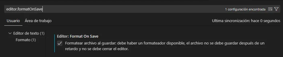 Ajuste editor.formatOnSave en Visual Studio Code